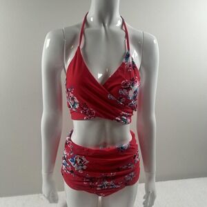 Cocoship Bikini Set Womens 8 Red Floral Halter High Waist Ruched Retro Swimsuit